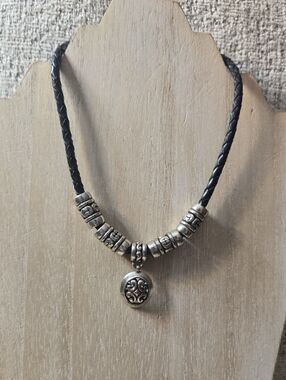 Brighton Black Braided Leather Necklace with Silver Scroll Pendant And Beads 14"